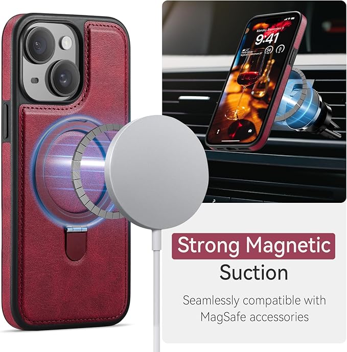 for iPhone 15 Plus Case with Stand, Compatible with MagSafe, Slim PU Leather & Durable TPU Protective Magnetic Kickstand Cover Drop-Proof with Tempered Glass Screen Protector 6.7", Red