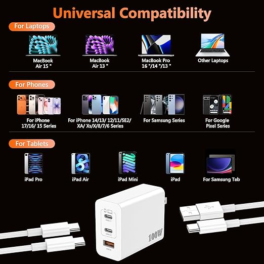 100W USB C Charger Block, 3-Port GaN Fast Wall Charger with 2 Cables [C-C & A-C], Travel Essentials PD Adapter for MacBook Pro, for iPhone 17/16/15, Samsung S25, for Home Office & Laptop - White