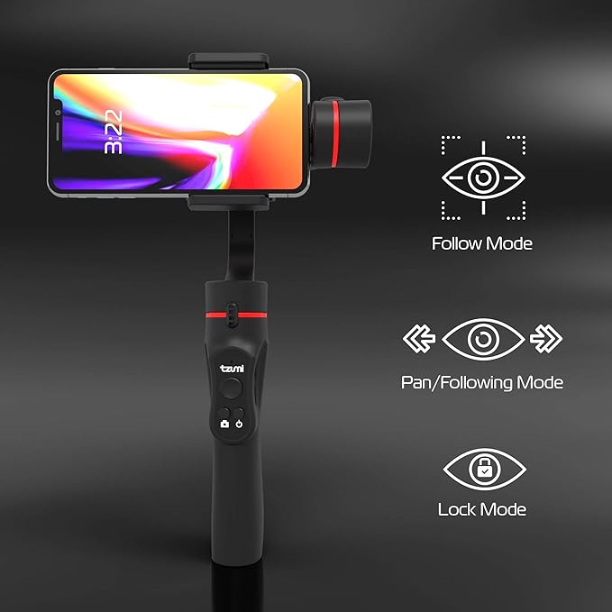Tzumi SteadyGo Smartphone Stabilizing Gimbal – Motorized Rechargeable 3-Axis Handheld Gimbal for Smooth, Steady Digital Photography and Advanced Video Filming Techniques, Black (5643AMZ)