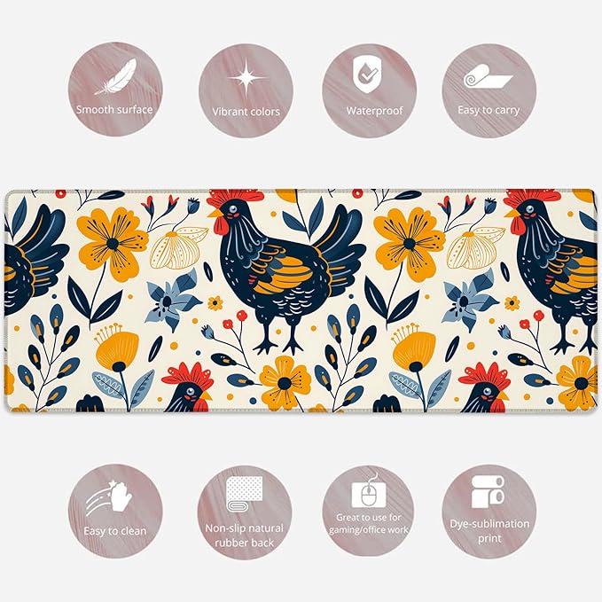 Cartoon Rooster & Flower Gaming Mouse Pad, Large Colorful Chicken Desk Mat for Laptop Keyboard Computer, Non-Slip Rubber Base Desktop Extended Mousepad for Office Home Accessories 31.5"×11.8"