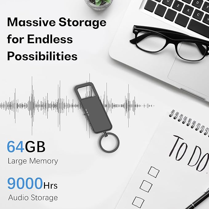 64GB Keychain Digital Voice Recorder with Playback – Mini USB-C Audio Recorder, 25-Hour Battery, Voice Activated, Noise Reduction, WAV Format, for Lectures, Meetings, Interviews, Notes
