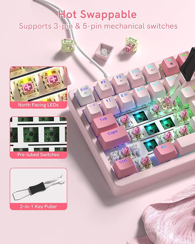 VK75 Wired Gaming Keyboard with Multimedia Control Knob, 75% Creamy Mechanical Keyboard RGB Backlit Gasket Mount with Cherry Profile PBT Keycaps, Hot Swappable Pre-lubed Linear Switch, Pink
