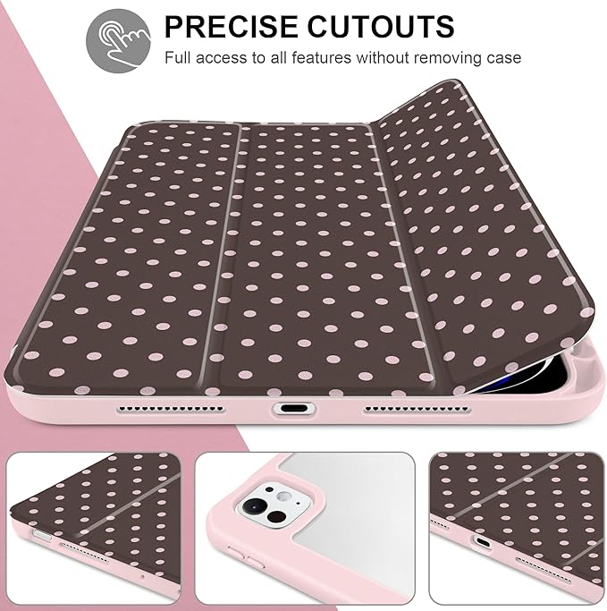TWOLSKOO Case for iPad Pro 11-inch (M5 2025 / M4 2024), Clear Acrylic Back with TPU Bumper, Pencil Holder, Trifold Stand, Auto Sleep/Wake, Chocolate Polka Dot
