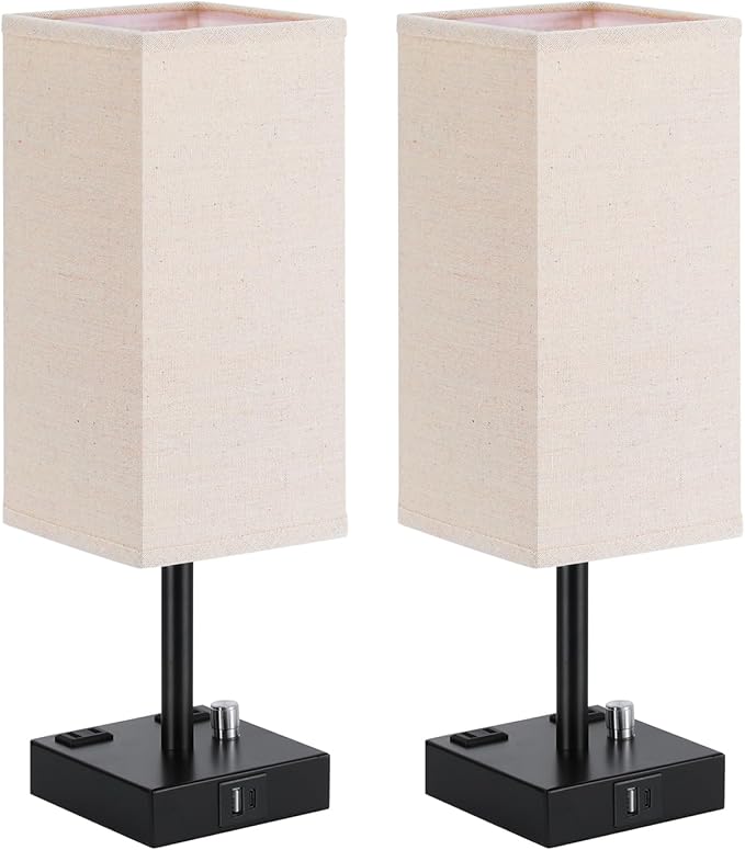 aooshine Fully Dimmable Nightstand Lamps Set of 2 - Table Bedside Lamp with USB C+A Charging Ports & 2 AC Outlets, Square Lamp Sets Linen Fabric Shade for Bedroom Living Room(Bulb Included)