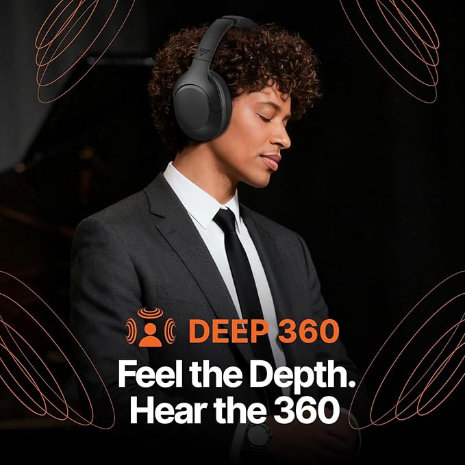 VOKALEN Hyper Pro 2 Bluetooth Headphones Over Ear, Hi-Res Audio, Adaptive Noise Cancelling, 60H Playtime, DEEP360 Spatial Sound, Comfort Mesh Ear Cushions, Deep Bass, Custom EQ (Pro 2, Black)