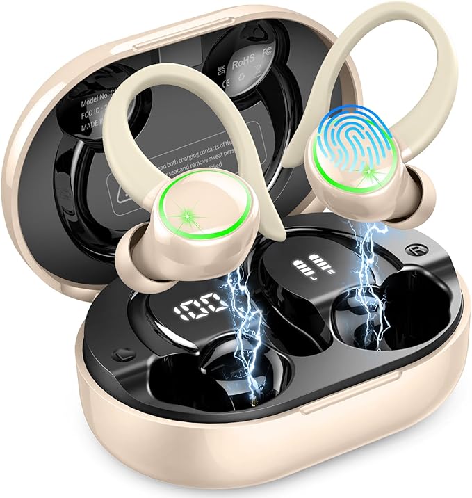 Matast Wireless Earbuds, Bluetooth Headphones Sports, Deep Bass Earphones Gym Running, IP7 Waterproof Headset with Earhook Workout, 50H Playback Over-Ear Buds with ENC Noise Cancelling Mic