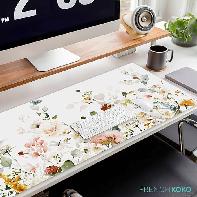 French KOKO Desk Mat, Large Desk Pad Large Mouse Pad Cute Desk Accessories Home Office Essentials XL Desk Mat Desk Pad Keyboard Mouse Desk Pads Computer Cute Women Girls (Floral White, 36" x 16.5")