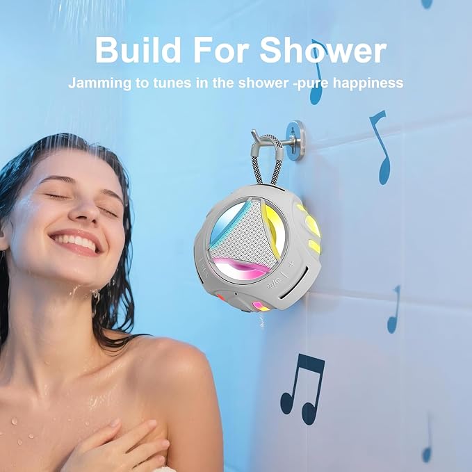 Portable Bluetooth Speaker, IPX7 Waterproof Shower Speaker, Wireless Outdoor Speakers, Floating, Built-in Mic, 24H Playtime with LED Lights, Loud HD Sound, Powerful Bass, Gifts for Unisex - Gray