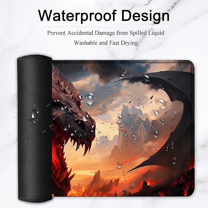 Large Mouse Pad, 31.5 x 11.8in Extended Gaming Mouse Pad with Stitched Edges, XXL Mousepad Protector Non Slip Rubber Base for Office and Home Writing Mat, Anime Fire Dragon Pattern Black Desk Mat
