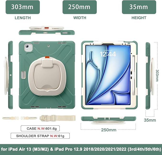 MEEgoodo Case for iPad Air 13 inch 2025 (M3) /2024 (M2) & iPad Pro 12.9 Case 6th/5th/4th/3rd Generation 2022 2021 2020 2018, Tablet Cover with Pencil Holder/Rotating Stand/Shoulder Strap,Emerald Green