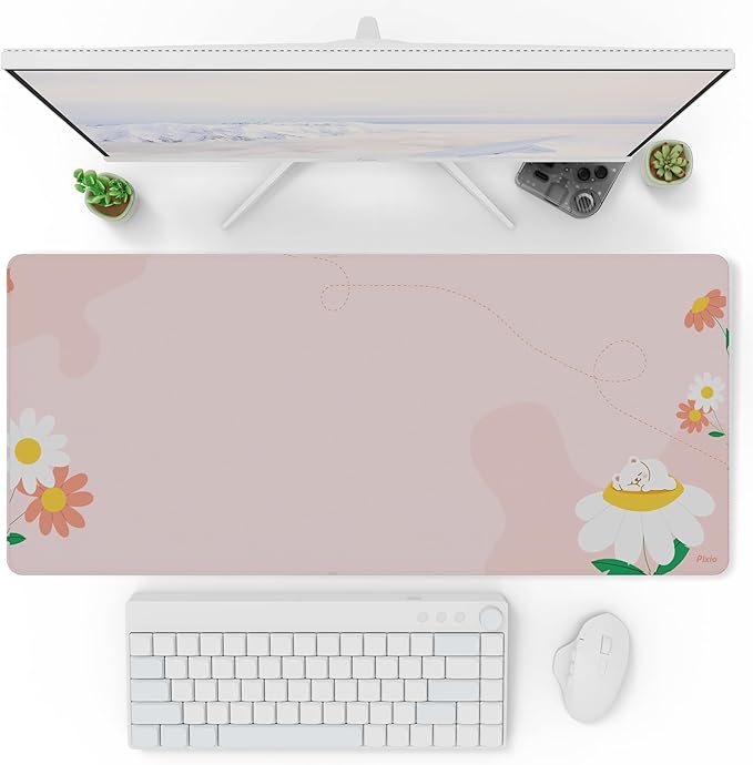 Pixio Mouse Pads - 36 x 16 inch XXL Sleepy Bear Flower Pink Multifunctional Large Desk Mats for Gaming, Office, Desktop Anti-Slip Waterproof Washable Computer Mouse Mat