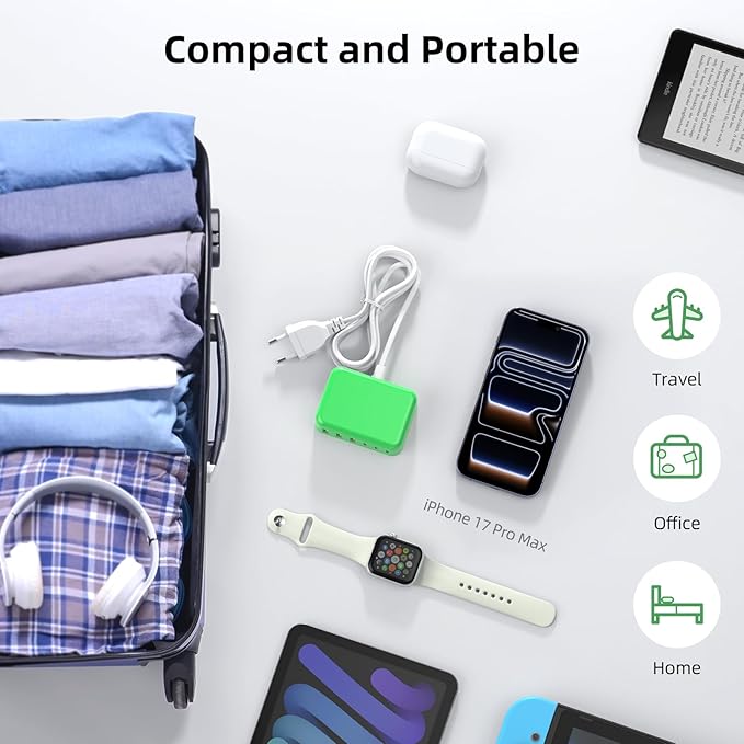 Updated USB C Fast Charger Block, 100W GaN 6 Port PD USB C QC USB A Wall Charger Adapter Plug Cube, Type C Charging Station Hub for iPhone 17 16 15 14 13 Pro Max iPad Samsung Pixel 5ft Extension Cord