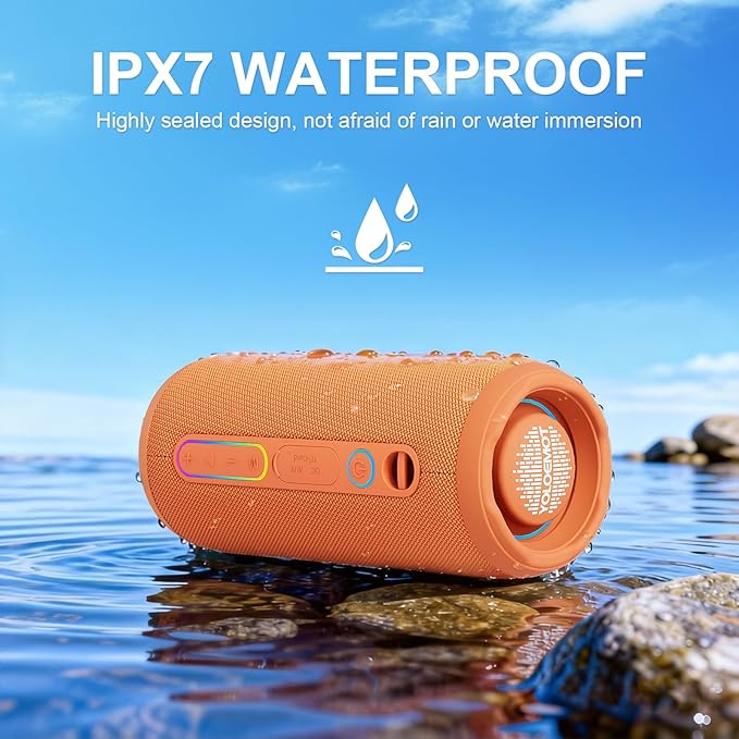 Shower Bluetooth Speaker, IPX7 Waterproof, 24W Deep Bass, TWS Stereo Pairing, 12H Playtime, Outdoor Speaker for Travel, Sport, Party, Camping (Orange)