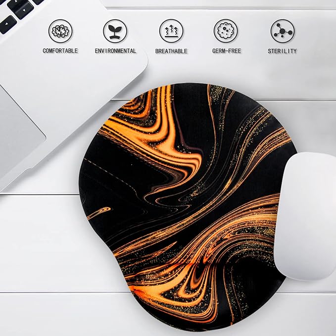 Ergonomic Mouse Pad with Wrist Support,Cute Mouse Pads with Wrist Rest,Comfortable Mouse Pad for Home Office Gaming Working Computers Laptop,Pain Relief with Non-Slip PU Base (Black Gold)