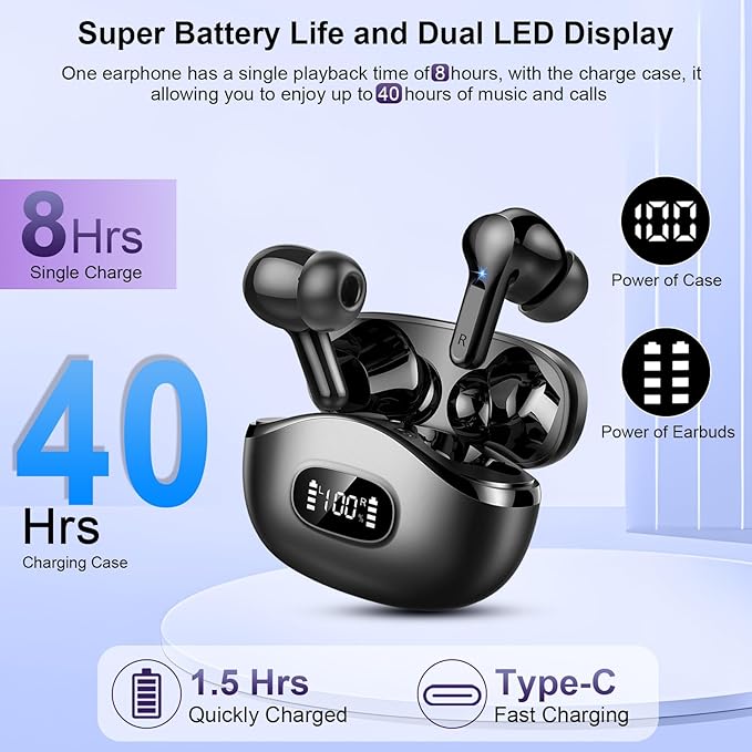Wireless Earbuds, Bluetooth Headphones 5.4 HiFi Stereo Ear buds with ENC Noise Cancelling Mic, 40H Bluetooth Earbuds with Dual LED Display Charging Case, IP7 Waterproof Earphones for Android iOS