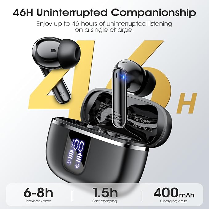 Wireless Earbuds, Bluetooth 5.4 Headphones with 4 Noise Cancelling Mic, 46H In-Ear Buds with 3D Bass Stereo Sound, Small Ears, LED Display, Calls Sports Workout, IPX7 Earphones for Android iOS, Black