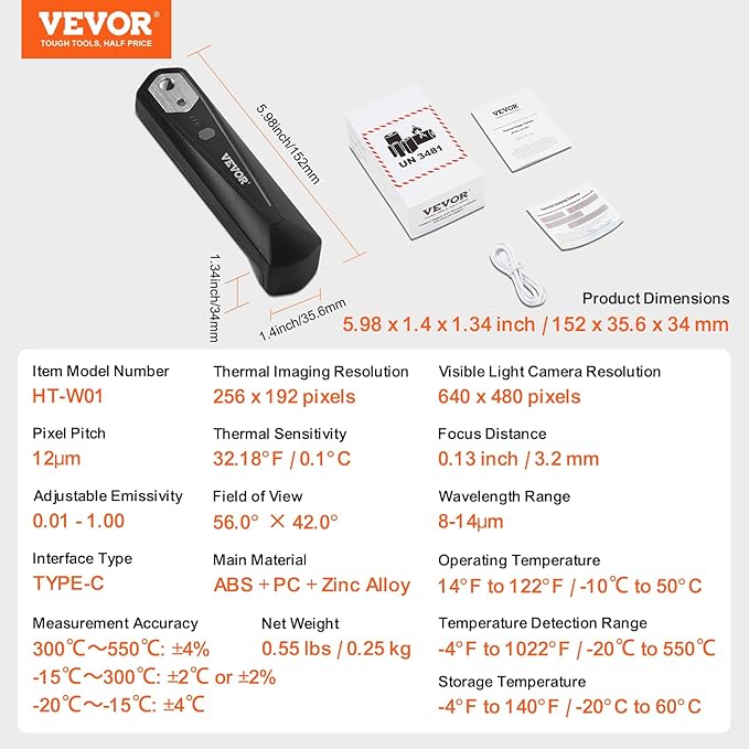 VEVOR Thermal Imaging Camera for Android & iOS, 256 x 192 IR Resolution Wireless Infrared Thermal Imager with WiFi & Visual Camera, 25Hz Refresh Rate Thermal Camera for Smartphone, -4°F-1022°F, IP54
