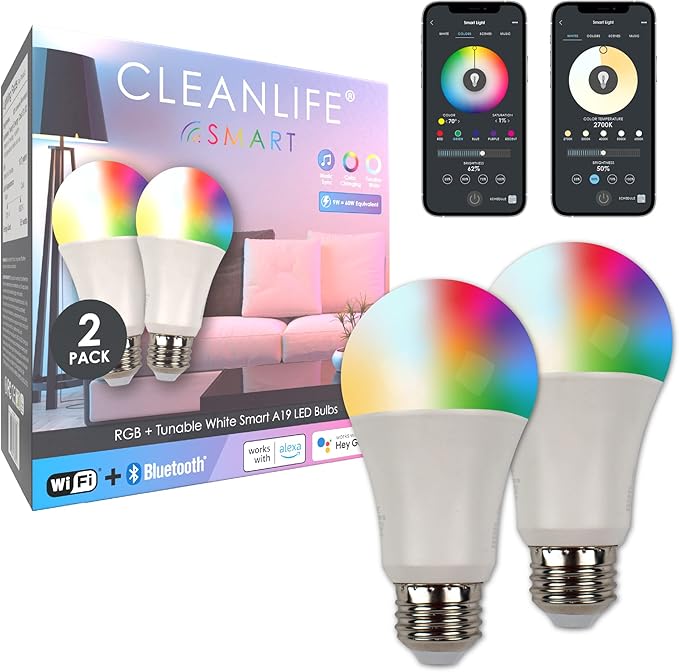 CLEANLIFE Smart Gen 2 A19 LED Bulb - RGB + Tunable White Smart Bulb with WiFi & Bluetooth Light Control - App Controlled, Programmable LED Lights - Pack of 2 9W Dimmable LED Light Bulbs