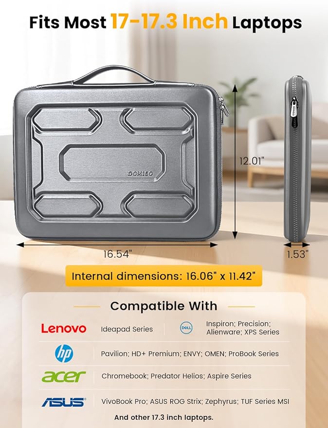 DOMISO Laptop Hard Case 17-17.3 inch Waterproof Shockproof Hard Shell Laptop Sleeve with Handle & Storage Pocket, Compatible with MacBook, HP, Dell,Dark Grey