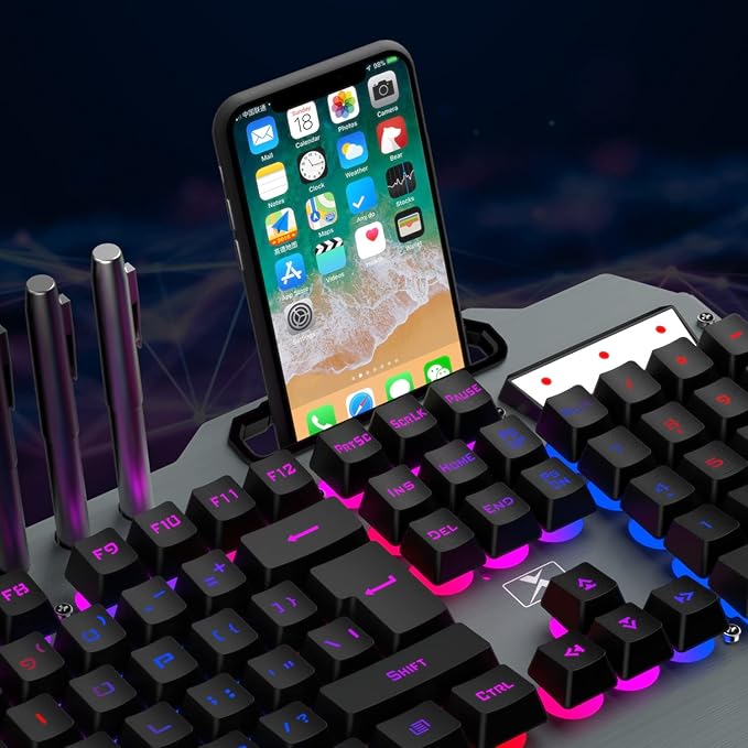 Wireless Gaming Keyboard and Mouse Combo,Rainbow LED Backlit Keyboard with Rechargeable 3800mAh Battery Metal Panel,Removable Wrist Rest Mechanical Feel and 7 Color Mute Gaming Mice for PC PS4 PS5