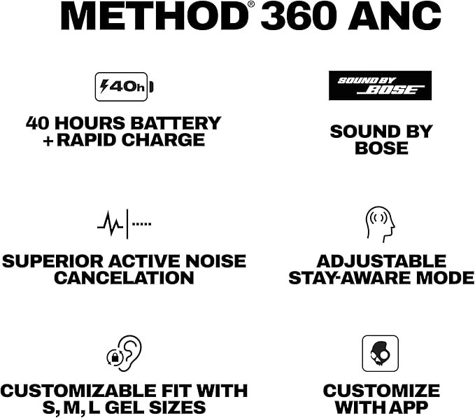 Skullcandy Method 360 ANC Wireless Earbuds, Sound by Bose, Bluetooth Headphones, Premium Noise Cancelling, Up to 40 Hrs Battery, Sweat and Water Resistant, Microphone for iPhone Android - True Black