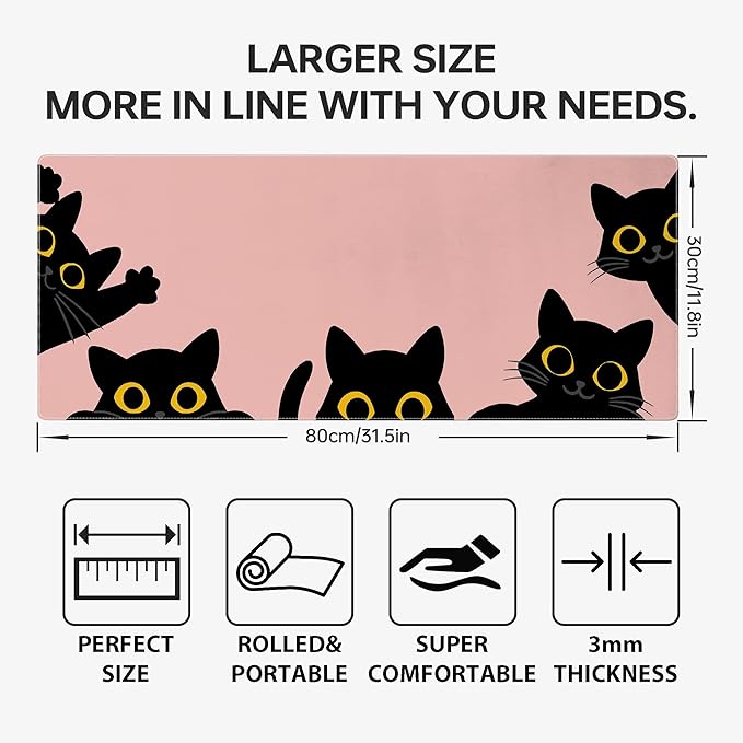 Pink Cute Cat Mouse Pad for Desk,Kawaii Mouse Pad 31.5 X 11.8 in Mouse Mat Desk Pad,Extended Keyboard Pad Large Desk Mat Pink Mousepad with Non-Slip Base and Stitched Edge for Gaming Home Office