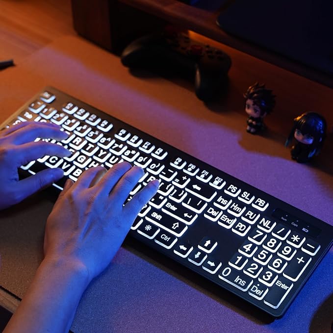 KOPJIPPOM Large Print Backlit Wireless Keyboard, 2.4G Silent Wireless Light Up Keyboard, Full Size Computer Keyboards with 7 Colored Backlits, Rechargeable Keyboards for Windows, PC, Laptop