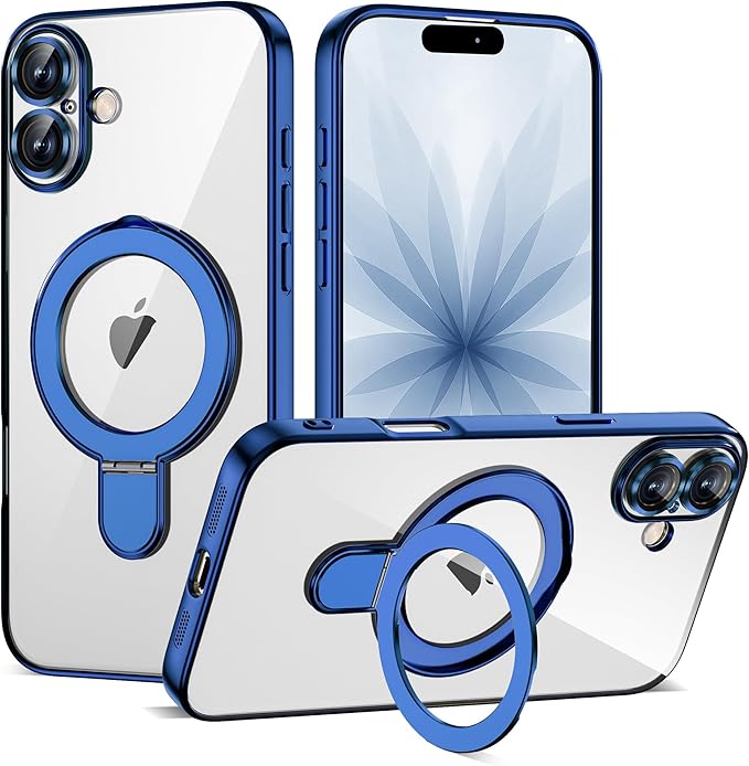 Compatible with iPhone 17 Case with Invisible Magnetic Ring Stand [Compatible with Mag-Safe] [Full Camera Lens Protector] Plating Clear Phone Case for iPhone 17 6.3", Blue