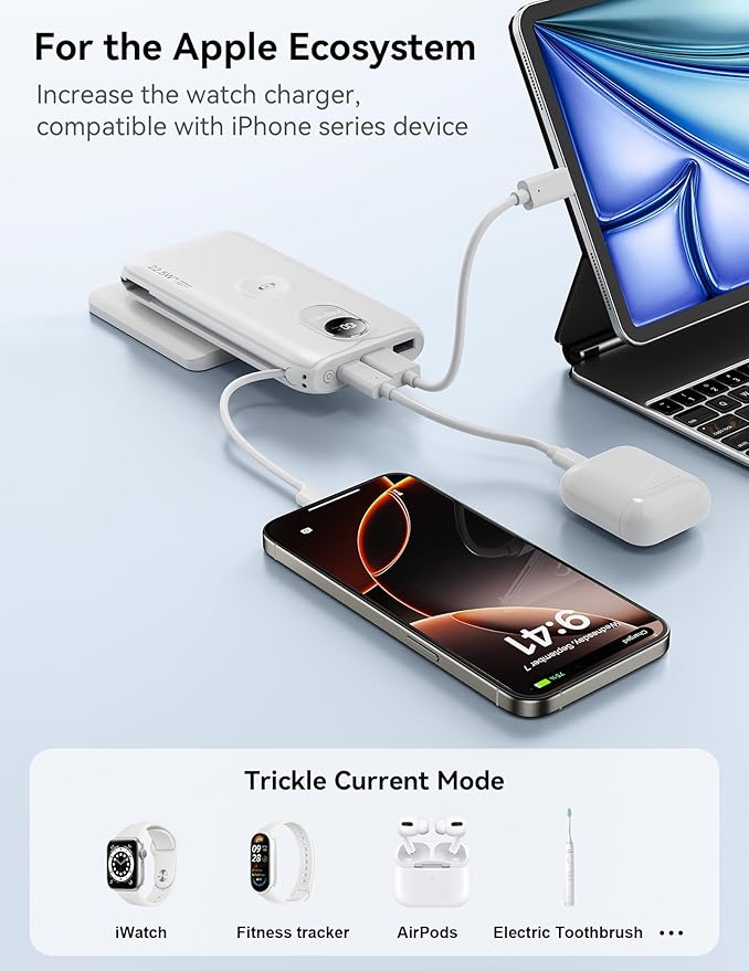 Portable Charger, 10000mAh 22.5W Power Bank Fast Charging with Wall Plug, Built-in Cables, LED Display, Compact Lightweight USB C Travel Battery Pack for iPhone 17/16, Android Cell Phone, Pad, iWatch