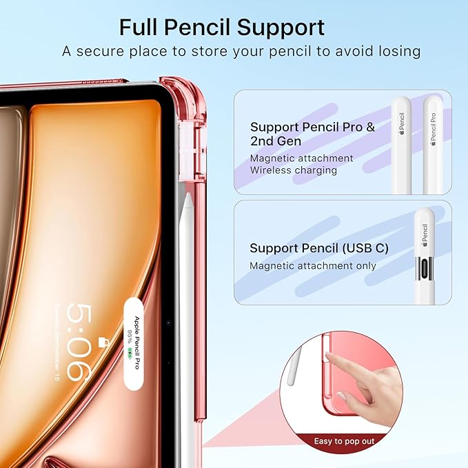 MoKo for iPad Air 11 inch Case (M4/M3/M2) 2026/2025/2024, iPad Air 5th/4th Gen 10.9 inch Case 2022/2020 with Pencil Holder, Slim Light Trifold Cover with Hard PC Translucent Back Shell, Touch ID, Red