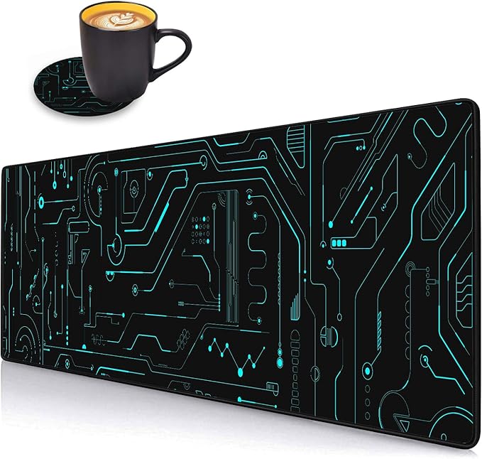 Desk Pad Mat Gaming Mouse Pads with Coasters Set, Stitched Edges Design Mouse Pad XXL Large Mouse Pad for Laptop Computers Circuit Board Pattern Desk Writing Mat for Office & Home 31.5"x 11.8"