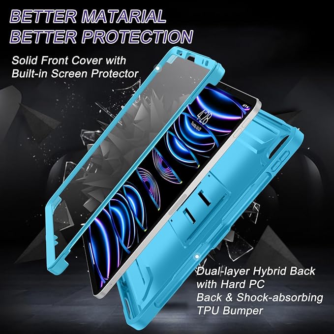 Soke Case for iPad Pro 11 Inch 2022/2021/2020/2018/iPad Air 5th/4th Generation,Built-in Screen Protector - Support 2nd Apple Pencil Charging - Heavy Duty Rugged Protective Kickstand Case - Blue