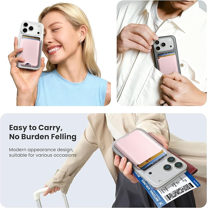 Stronger Magnetic Wallet for iPhone 17/16/15/14/13/12 Series & for MagSafe-compatible Cases, Slim Leather Magnetic Card Holder with RFID Blocking, N52 Magnet Phone Wallet, Fit 3 Cards, Pink