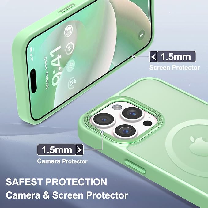 Newfuture Upgraded Magnetic for iPhone 15 Pro Max Case [Compatible with Magsafe] [Mil-Grade Protection], Pocket-Friendly, Slim Translucent Phone Case Cover for iPhone 15 Pro Max 6.7", Matcha Green