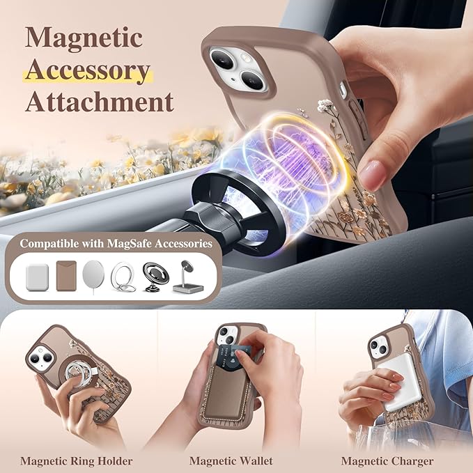 GVIEWIN Cute for iPhone 14 Case & iPhone 13 Case [Compatible with MagSafe] [Curly Wave Edge] Floral Translucent Magnetic Shockproof Protective Phone Cover for iPhone 14/13 6.1'', Floratopia/Brown