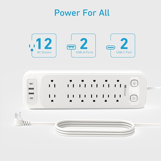 HITRENDS 12-Outlet Surge Protector Power Strip with 2 USB A + 2 USB C, 6FT Flat Plug Extension Cord, Dual Switches, Wide Spacing, 1250W/10A Multi Plug Outlet for Home Office Dormitory, White