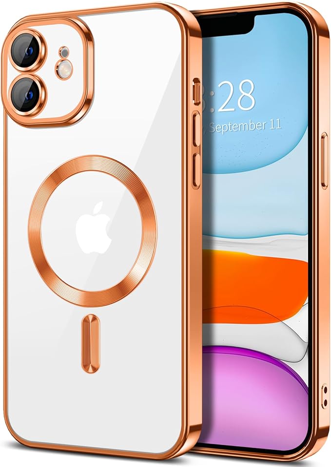 Hython Magnetic Clear for iPhone 11 Case with Camera Lens Protector [Compatible with MagSafe] Luxury Plating Edge Slim Soft TPU Cover Protective Phone Case for iPhone 11 6.1", Orange
