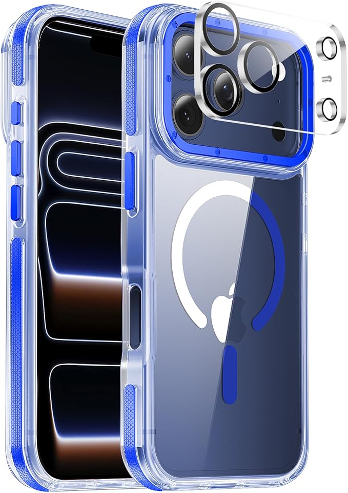 Strong Magnetic for iPhone 17 Pro case with camera lens protector [10Ft Military-Grade Protection] Compatible with fit MagSafe Shockproof Slim Thin Cover case for iPhone 17 Pro 6.3 inch, Clear Blue
