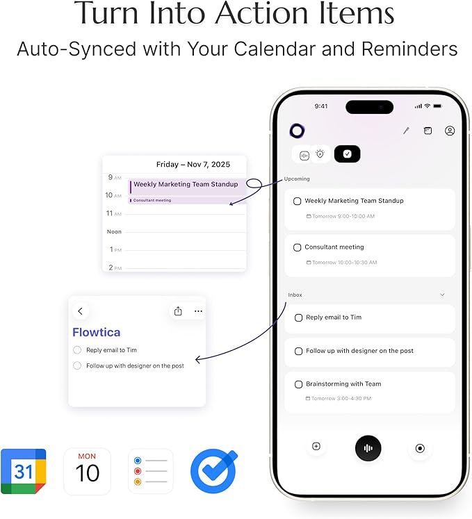Flowtica Scribe AI Voice Recorder, App Control, Transcribe & Summarize, One-Press Highlight, HiFi Audio, Background Auto-Sync, Note Taker for Meetings & Lectures, Ultra-Slim, Charging Case Included