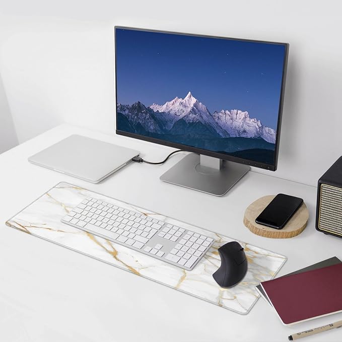 White and Gold Marble XL Large Mouse Pad with Stitched Edges Long Non-Slip Rubber Base Mousepad Laptop Keyboard Mat Desk Pad for Office Home Desk Decor, 31.5" X 11.8"