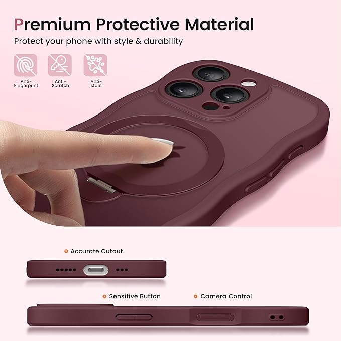 CAPRARO for iPhone 16 Pro Case with 360° Spin Magnetic Stand for Women, [Compatible with MagSafe] [Full Camera Protection] Cute Wave Translucent Matte Case for iPhone 16 Pro, Wine Red