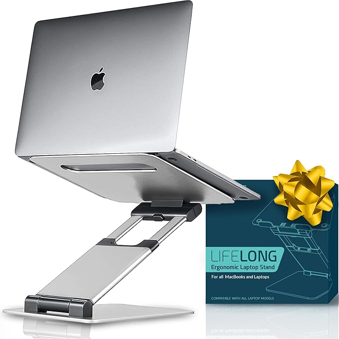 Lifelong Laptop Stand for Desk, Ergonomic Sit to Stand Premium Aluminum Laptop Holder, Adjustable Height from 2.1" to 20", Compatible with MacBook, All Laptops Tablets 11-17" - Silver