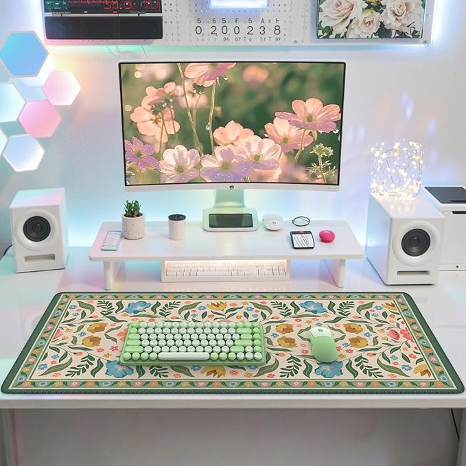 iLeadon Computer Desk Mat with Smooth Surface, Floral Stitched Edges XL Big Mosue Pad for Keyboard, Non Slip Green Extra Large Mouse Pad for Desktop, Office Desk mat for Women (Green)