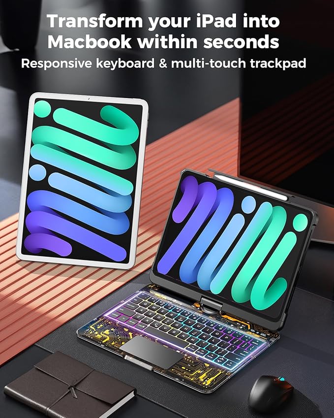 TSQQST Clear Wireless Keyboard Case for iPad mini A17 Pro (Mini 7 2024)/ Mini 6 (2021) 8.3" w/Multi-Touch Trackpad, 7-Color Backlit, Pen Holder, Rotation Case for iPad mini 7th/6th Generation, Black