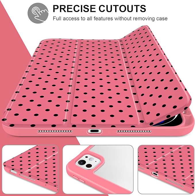 Case for iPad Pro 11 Inch (M5 2025 M4 2024) – [Built-in Pencil Holder], Shockproof & Stylish, Clear Hard Back + Soft TPU Edge, Magnetic Trifold Stand, Auto Wake/Sleep, Rose red Polka dot