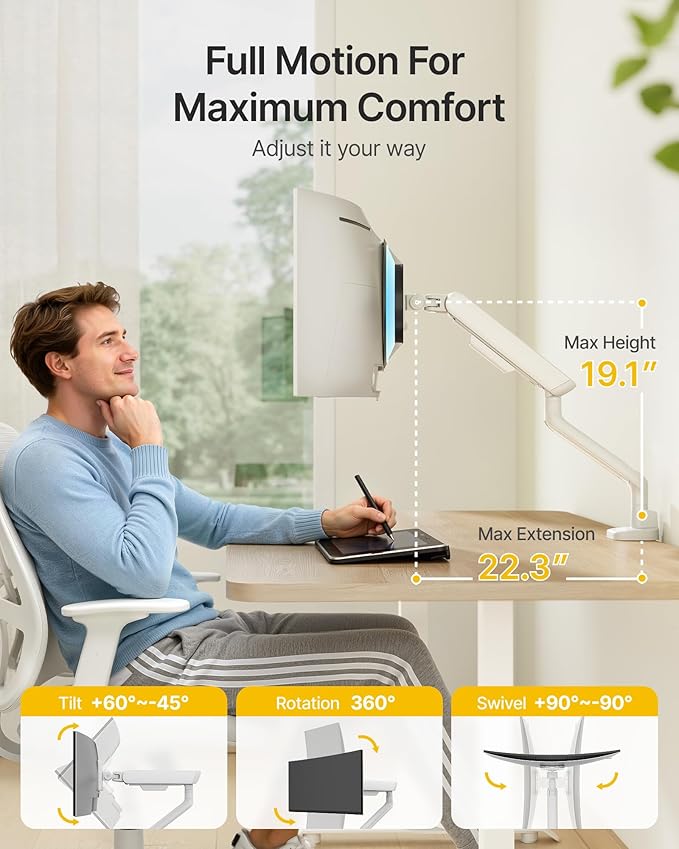 monTEK Single Monitor Arm with USB, Mechanical Spring Monitor Arm for 17-40" Screens, Adjustable Monitor Desk Mount Holds up to 26.4 lbs with C Clamp/Grommet Desk Mount, VESA 75/100mm