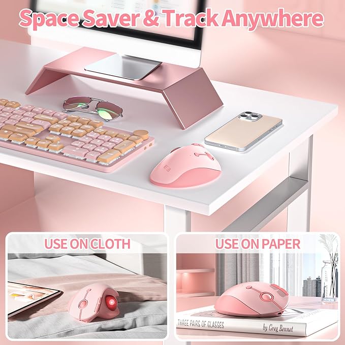 seenda Wireless Trackball Mouse, Ergonomic Bluetooth Rollerball Mouse Rechargeable, 3 Device Connection Optical Mice Adjustable DPI Thumb Control Mice Compatible for PC/Laptop/Windows/Mac - Pink