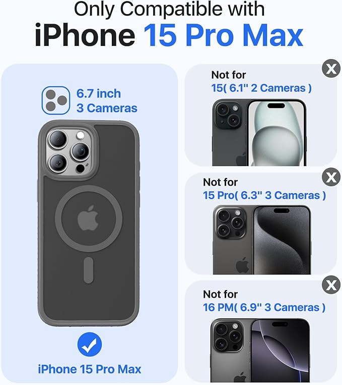 Magnetic for iPhone 15 Pro Max Case[Compatible with MagSafe][Military-Grade Drop Protection][Anti-Yellowing]Shockproof Protective Translucent Matte Cover for iPhone 15 Pro Max Phone Case,Gray