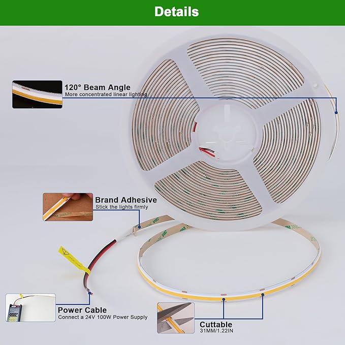 JOLIT 24V COB LED Strip Lights 32.8ft/10M Cool White 6000K 120 Degree Beam Angle, CRI 90+ 384LEDs/M High Density 7650LM Bright Uniform Indoor Adhesive LED Tape Light for Bedroom, Living Room, Office