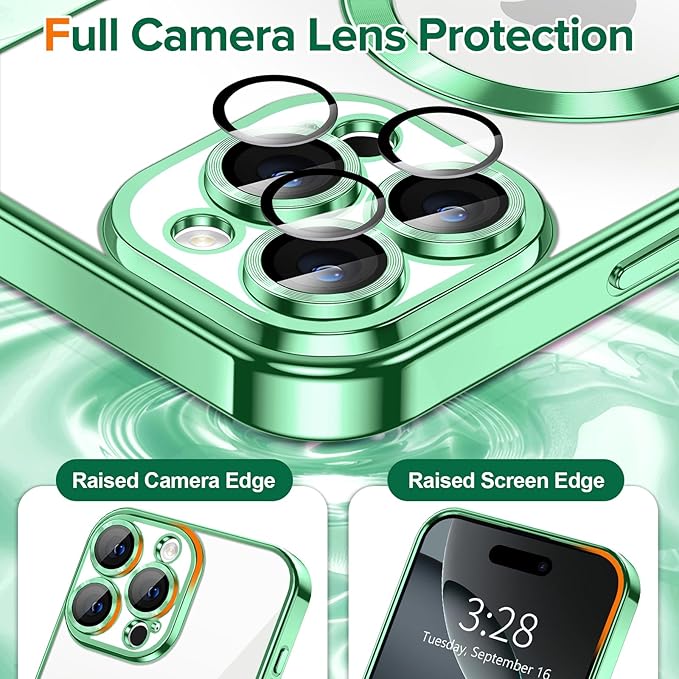 Hython Magnetic Clear for iPhone 16 Pro Case with Camera Lens Protector [Compatible with MagSafe] Luxury Plating Edge Slim Soft TPU Cover Protective Phone Case for iPhone 16 Pro 6.3", Light Green